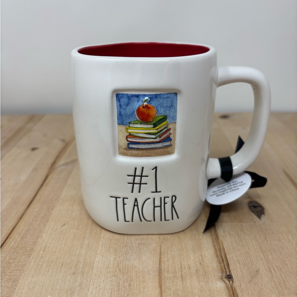Rae Dunn #1 Teacher Mug White Red Interior with Black Lettering Etched Decor New